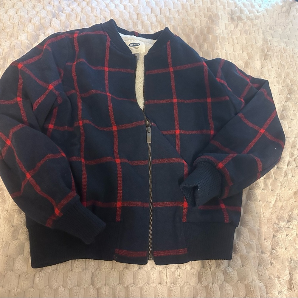 Old Navy Plaid Wool Zip Up Bomber Jacket Sherpa Lined Women's Sz Medium